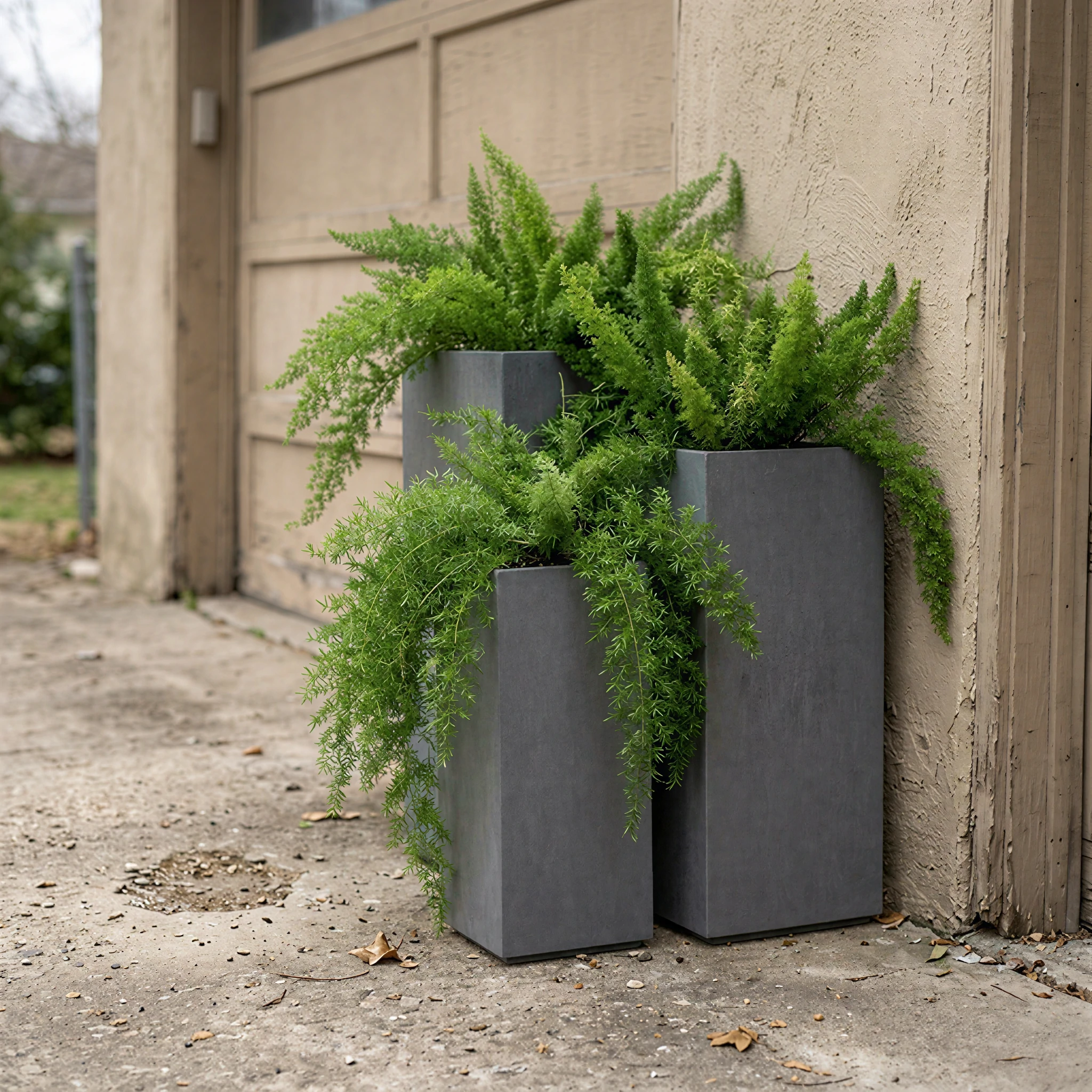 A layered arrangement of three charcoal grey smooth GFRC rectangular trough planters containing cascading ferns, placed next to a weathered commercial property garage entrance.